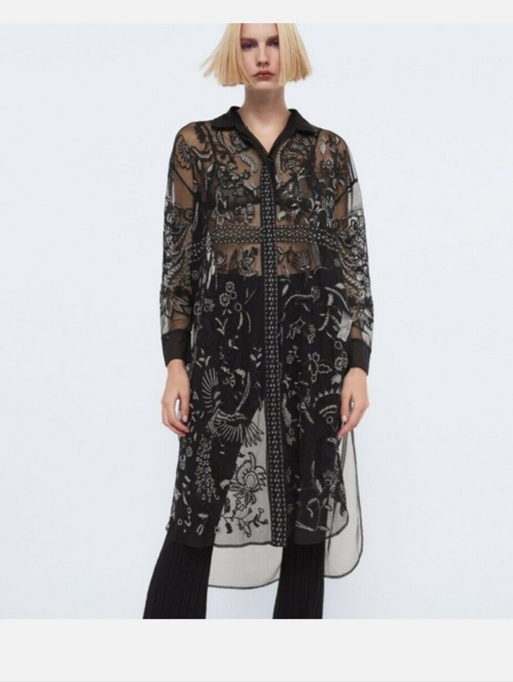 ZARA Size S Black Sheer Mesh Floral Embroidered Long Button Front Duster Dress